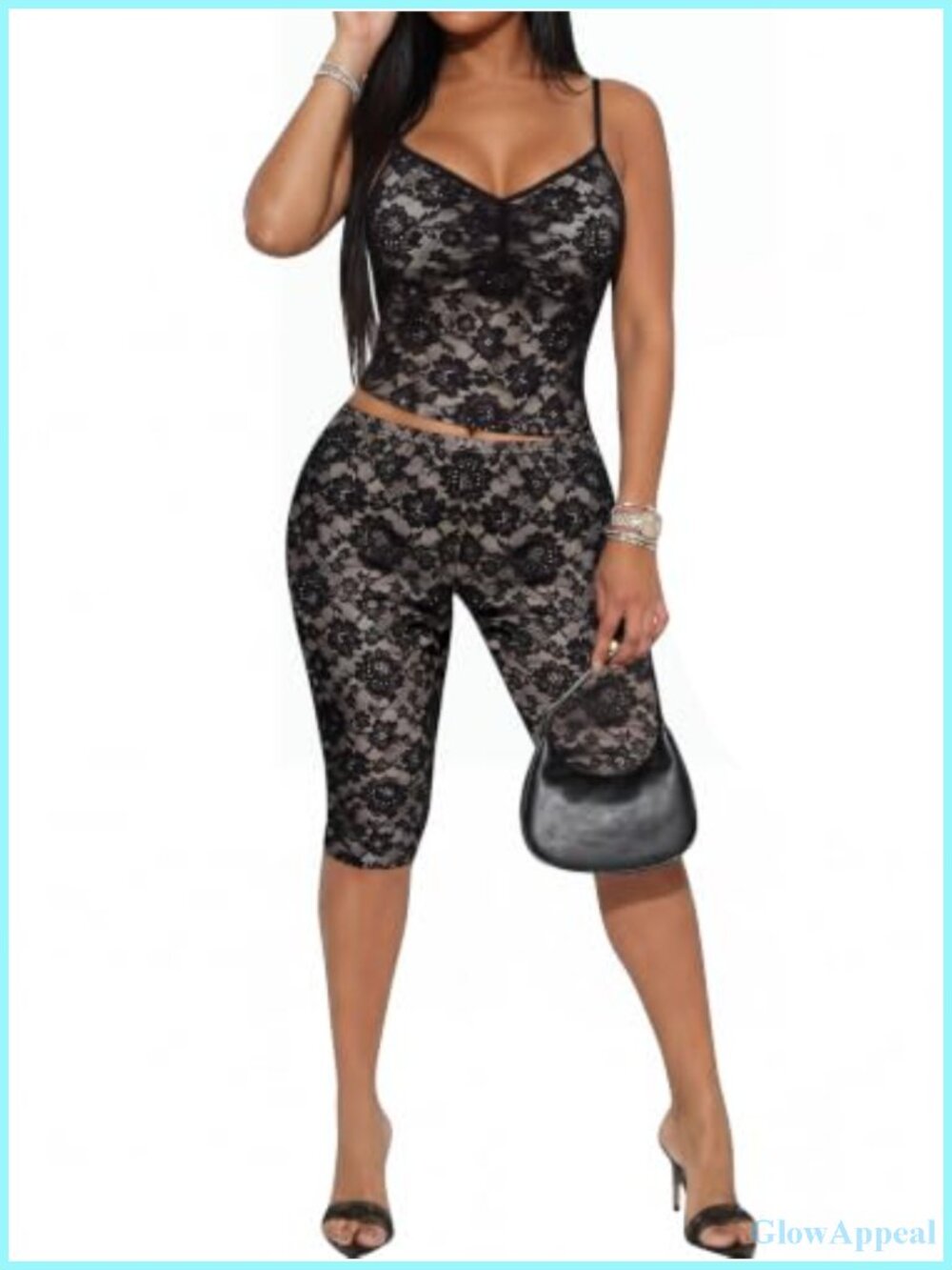 Lace 2 Piece Outfit Crop Cami & Capri Legging Set Y2k Slim Fit Rave Party
